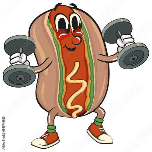 cute hot dog mascot cartoon vector illustration doing barbell lifting workout, funny fast food character isolated on transparent background, work of hand drawn