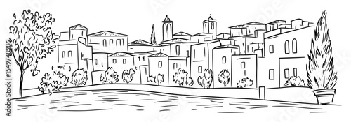 mediterranean village with stone buildings and trees