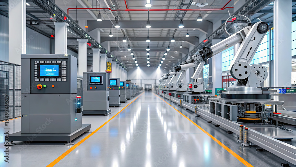 Obraz premium Modern automated factory with robotic arms and conveyor systems, showcasing advanced manufacturing technology in clean, organized environment