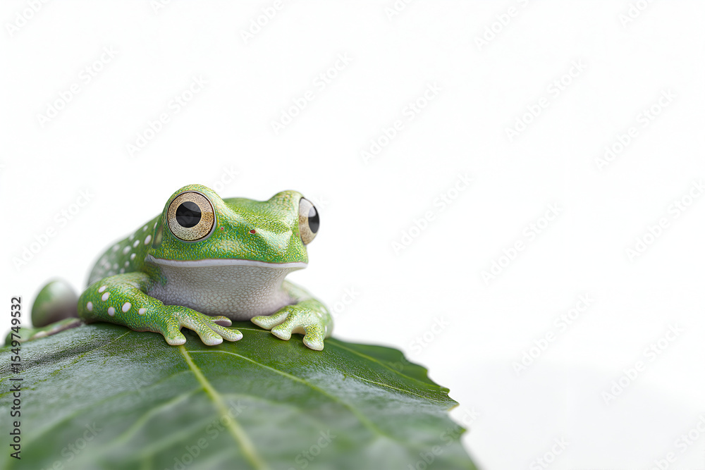 Obraz premium A small green tree frog with bright eyes on a leaf isolated on a white background