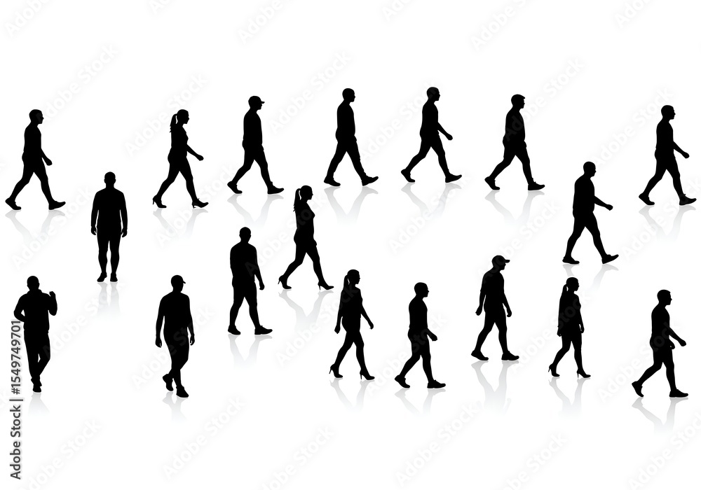 Fototapeta premium Silhouettes of people walking together isolated on white background