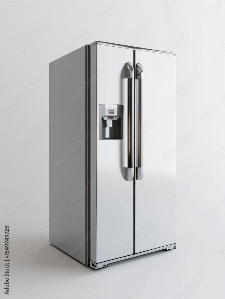 This modern stainless steel double door refrigerator features a high-end, energy efficient design. It has LED displays, dual compartment temperatures, an ice and water dispenser, and is built into the This modern stainless steel double door refrigerator features a high-end, energy efficient design. It has LED displays, dual compartment temperatures, an ice and water dispenser, and is built into the