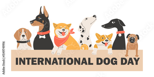 Cute Flat Style Dogs Peeking Over Billboard to Celebrate International Dog Day