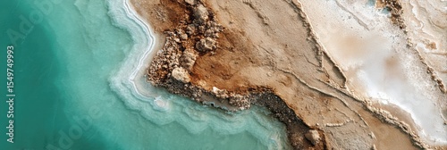 Top-down aerial of white salt flats meeting aquamarine sea with softly blurred textures
