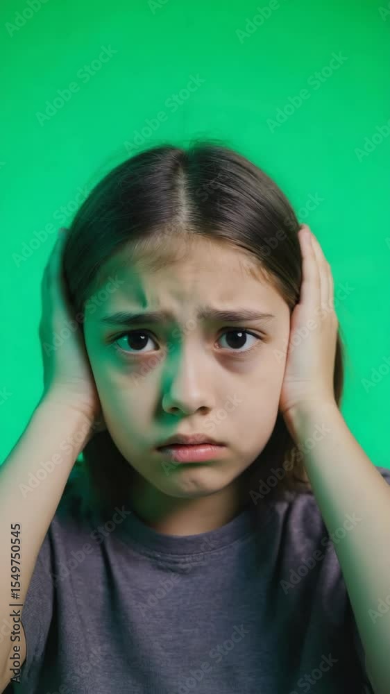 A young Hispanic girl with long brown hair covers her ears with her hands. She looks distressed, expressing discomfort from loud noise against a green screen background. A young Hispanic girl with long brown hair covers her ears with her hands. She looks distressed, expressing discomfort from loud noise against a green screen background.