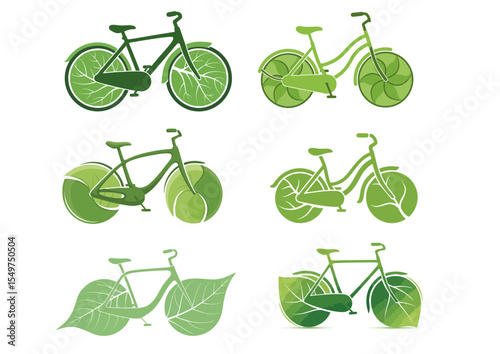 Bicycle with leaf-shaped wheels in fresh green tones, flat vector illustration with minimal and stylized form on white