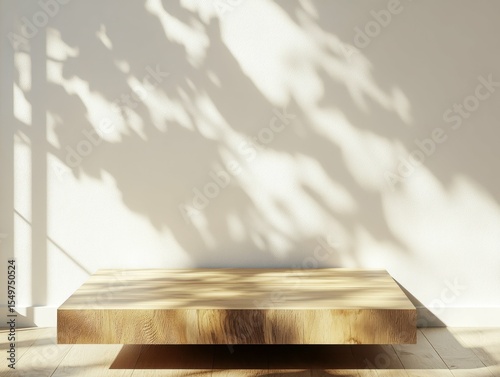 ultra HD image of Empty minimal natural wooden table counter podium beautiful wood grain in sunlight shadow on white wall for luxury cosmetic skincare