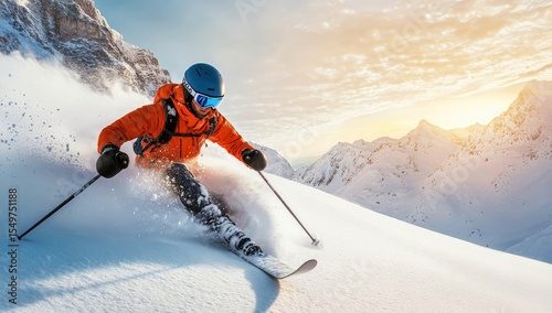 Fototapeta Naklejka Na Ścianę i Meble -  Skier carving fresh powder in alpine sun