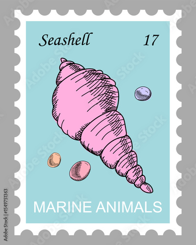 Postage stamp with spire shell and pebbles. Pink marine seashell on sky blue background. Hand drawn vector. Cartoon. Sketch style.
