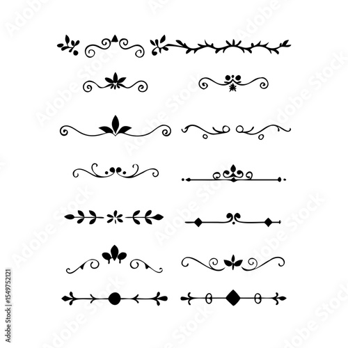 Vector dividers calligraphic line element.Set of Black Hand Drawn Rustic Doodle Design Elements. Decorative Floral Swirls, Scrolls, Text Frames, Dividers. Vintage Vector Illustration. 
