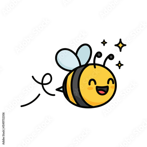 Cute cartoon bee with sparkles, flying and smiling in simple flat style for kids and nature illustrations