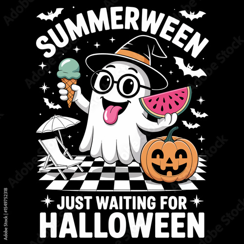 A cheerful ghost wearing glasses and a witch hat enjoys an ice cream cone and a slice of watermelon, standing next to a grinning jack-o'-lantern