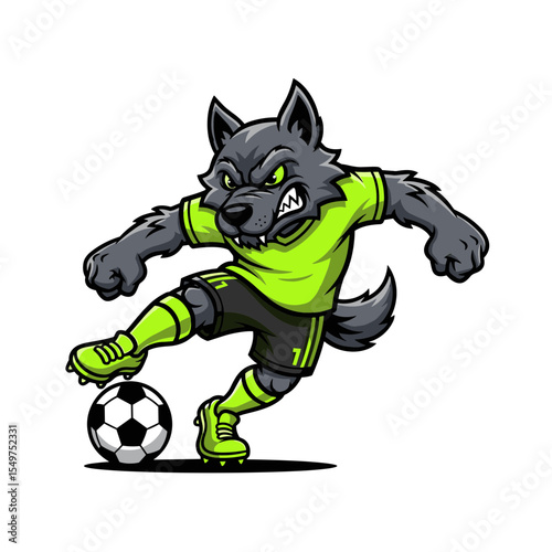 Cartoon werewolf playing soccer in green uniform, dynamic pose suitable for sport mascots and kids' illustration