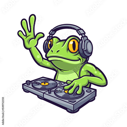 DJ frog character with headphones and mixing deck, cool cartoon animal design for music events and party themes