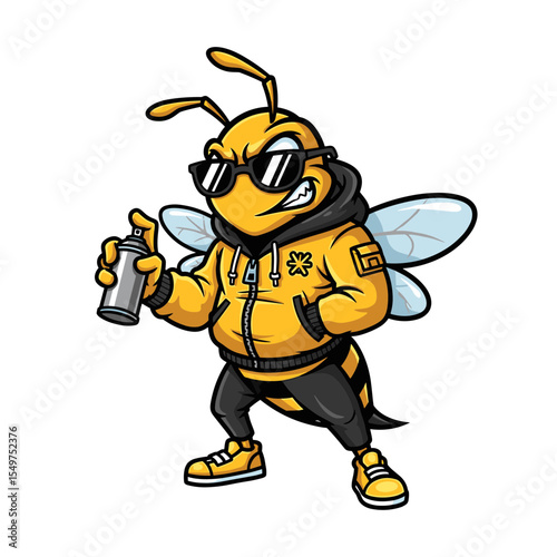 Urban street-style bee wearing hoodie and sunglasses with spray paint, cool graffiti cartoon character illustration