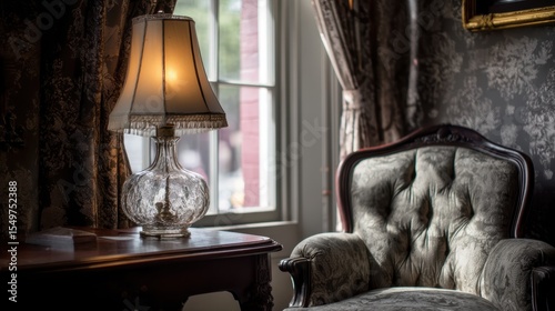 Victorian parlor with tufted armchair, side table lamp and softly blurred damask wallpaper backdrop