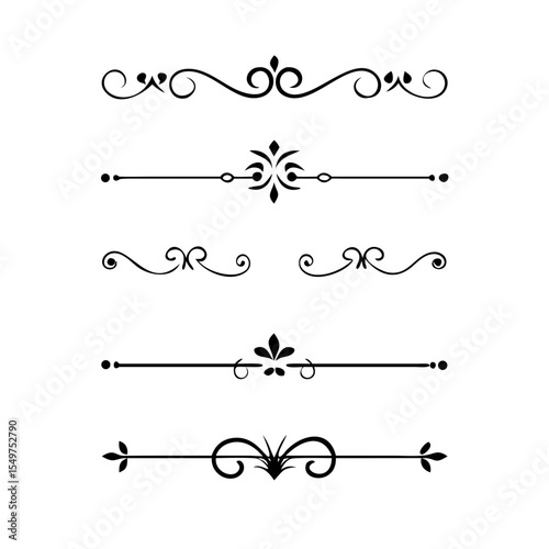 Vector dividers calligraphic line element.Set of Black Hand Drawn Rustic Doodle Design Elements. Decorative Floral Swirls, Scrolls, Text Frames, Dividers. Vintage Vector Illustration. 
