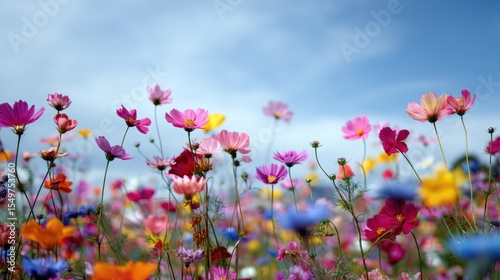 Wildflower meadow with colorful blooms under soft clouds