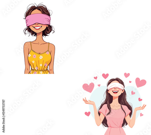 Vsai young woman wearing blindfold waiting for surprise and feeling love