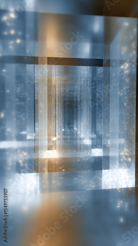 Abstract view of a tunnel like structure with blue and white colors and a light source inside it