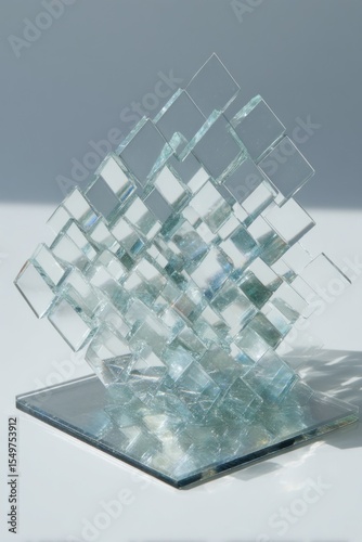 A transparent cube sculpture made of smaller cubes resting on a reflective square surface art piece