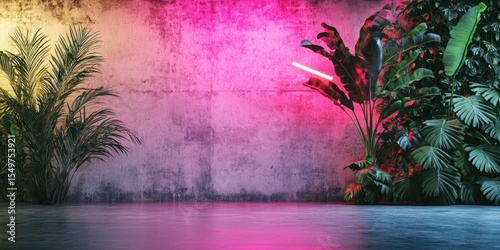 Neon-lit jungle room with lush plants and a concrete wall