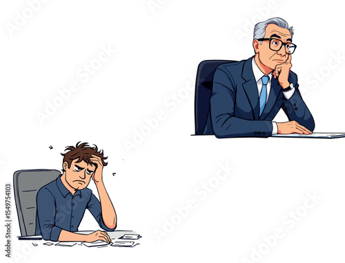 Vsai stressed and thoughtful businessmen sitting at desk