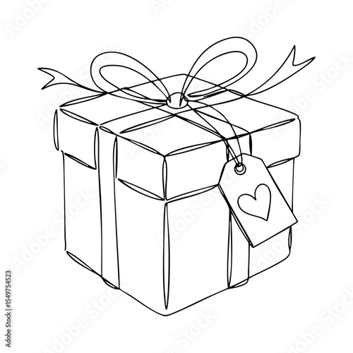 Vector line art of a gift box with ribbon and bow and a tag featuring a heart, hand-drawn in a simple minimalist style
