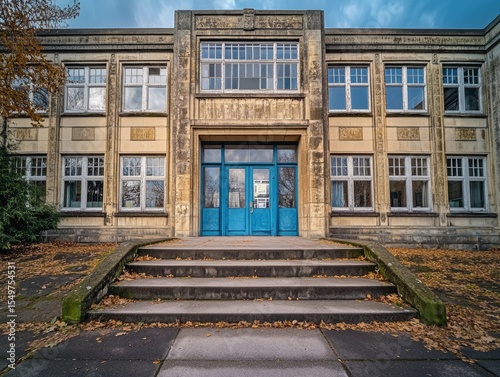 An old, multi-story stone school building with a large blue front door and white windows. Autumn leaves surround the stairs entrance, emphasizing its age and historic nature.