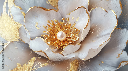 Close-Up of an Abstract Flower Design Featuring Intricate Gold and Pearl Details with Soft, Elegant Highlights.