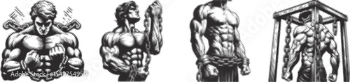 Halftone stipple dotted vector bundle design of muscular man in chains symbolizing strength vintage line art black color detailed illustration for graphic projects