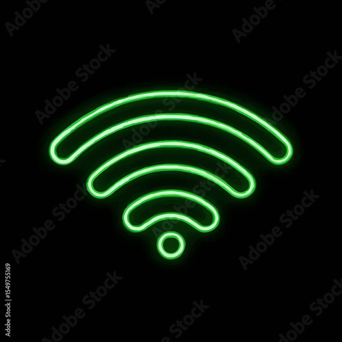 Green Neon Wi-Fi Icon Glows on Black Background

