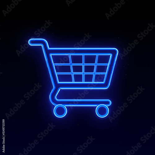 Shopping Cart Icon Glowing Blue on Black Background
