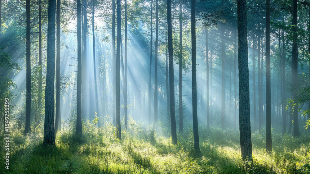 Naklejka premium Sunbeams pierce through a lush green forest canopy, illuminating the misty morning air with ethereal shafts of light and revealing vibrant foliage.