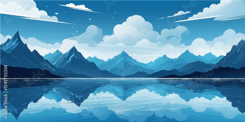 Snow-capped mountains reflect in a serene blue lake under a clear sky, capturing the breathtaking winter landscape