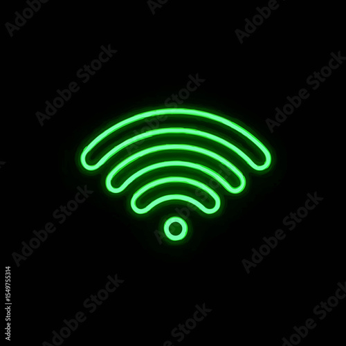 Green Neon Wi-Fi Icon Glows on Black Background

