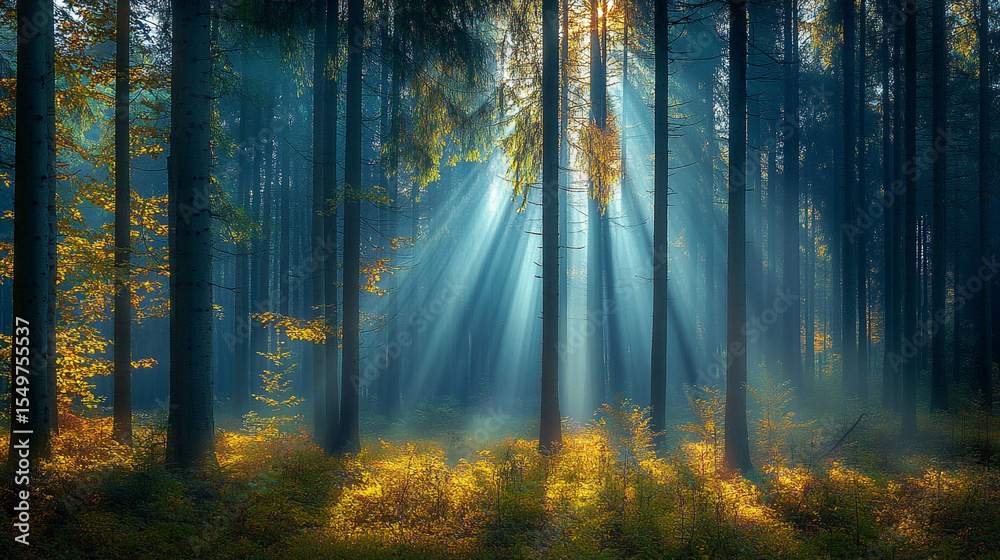 Obraz premium Sunbeams pierce through a lush green forest canopy, illuminating the misty morning air with ethereal shafts of light and revealing vibrant foliage.