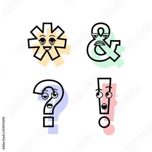 Colorful Abstract Illustrations of Punctuation Symbols with Expressions on a White Background