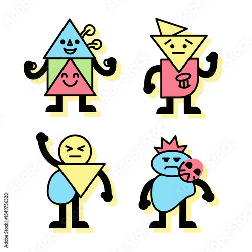 Colorful Geometric Characters Expressing Emotions through Fun Shapes and Playful Faces