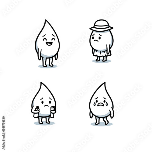 Cute Animated Water Droplet Characters Expressing Different Emotions and Actions in a Fun Setting