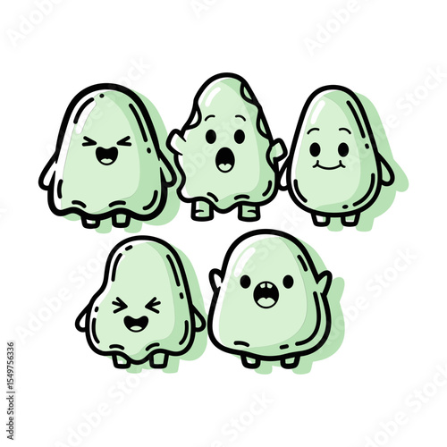 Cute and Playful Cartoon Characters with Various Emotions in Green Color Palette
