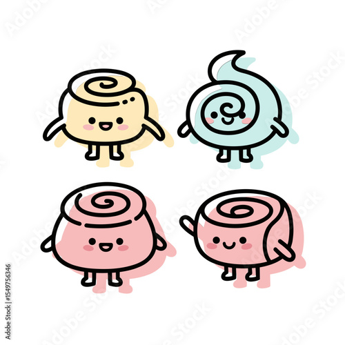 Cute Cartoon Candy Characters Featuring Smiling Roll Desserts in Soft Pastel Colors