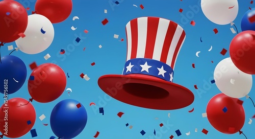 USA Independence Day Party Background, Patriotic Celebration with Uncle Sam Hat, Balloons, and Confetti