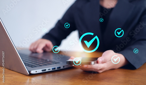 Quality management with Quality Assurance or QA and Quality Control or QC and improvement. Standardization and certification concept.