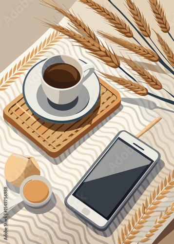Modern breakfast with coffee phone and wheat stalks on a patterned tablecloth