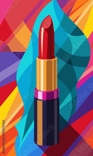 Vibrant red lipstick against a colorful geometric abstract background