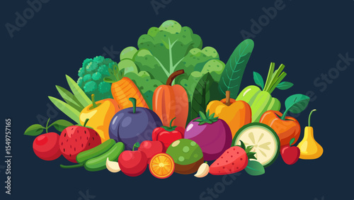 Vibrant assortment of fresh fruits and vegetables on a dark background