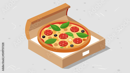 Delicious salami and olive pizza in an open cardboard delivery box