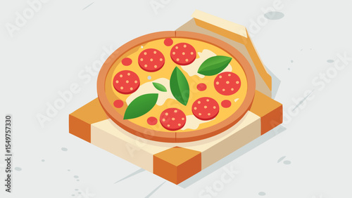 Delicious pepperoni pizza with fresh basil leaves in an open pizza box