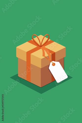 Isometric gift box with orange ribbon and blank tag on green background
